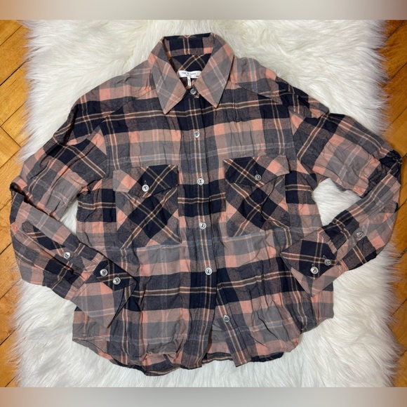 Rag & Bone Cruz Cotton Blend Top Classic Fit Pink Plaid - Picture 2 of 5